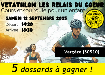 5 dossards Vetathlon les Relais du Coeur 2025 (Gard)